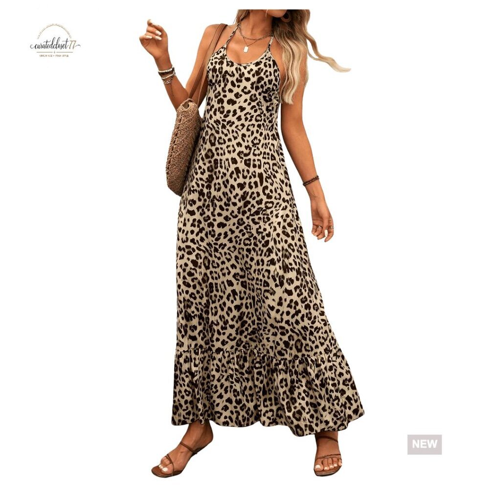 Sleeveless Halter Maxi Dress with Ruffle Hem, Animal Print, Y2K Style